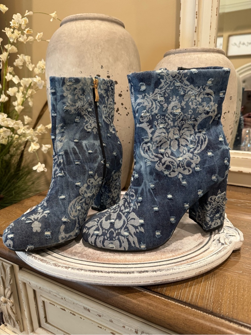 Denim Blue Damask Embroidered Ankle Boots